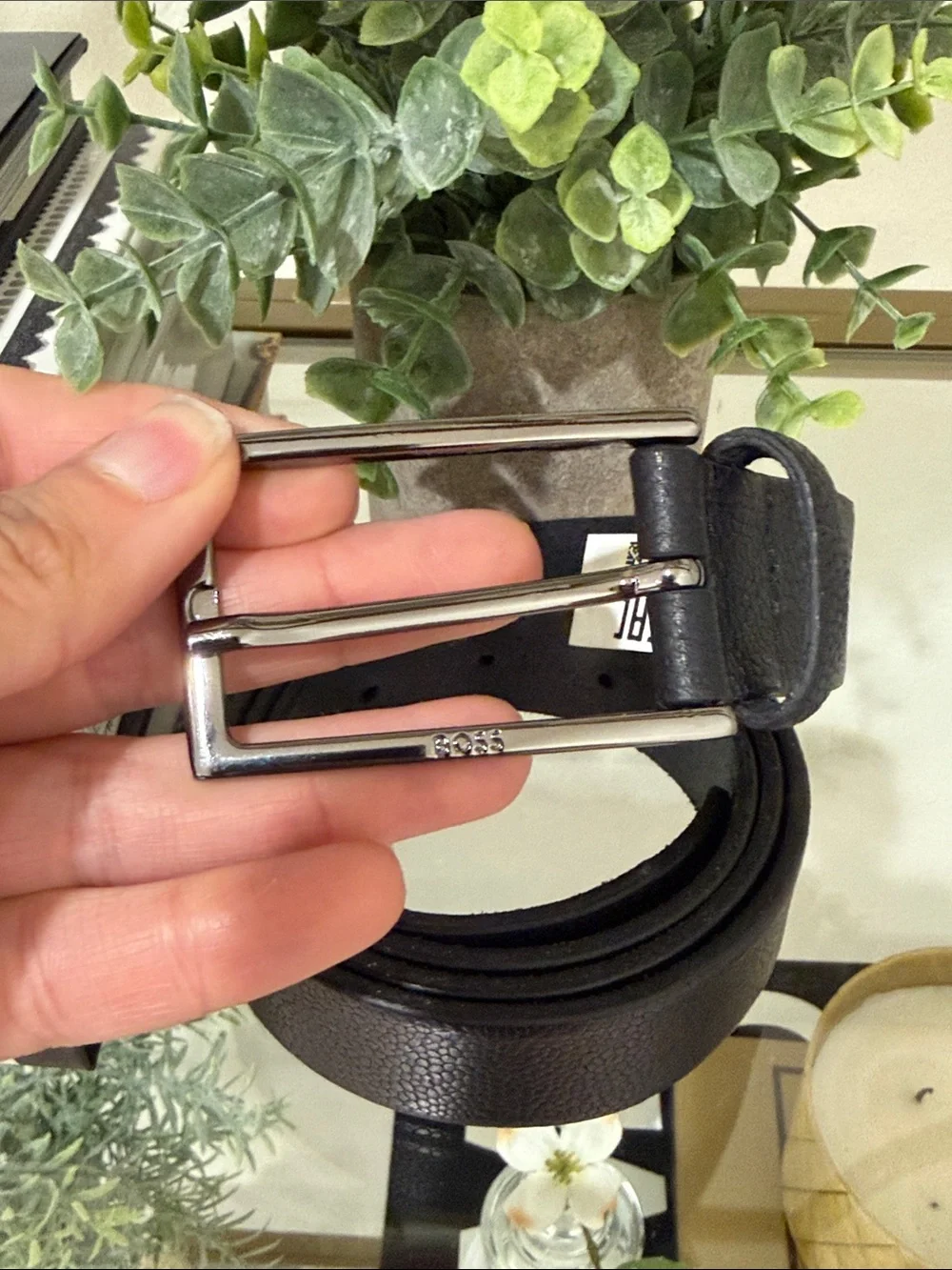 Hugo Boss Black Leather Belt with Gunmetal Hardware